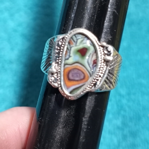 Silvertone Multicolor Colorful Ring Intricate Design - Picture 2 of 5